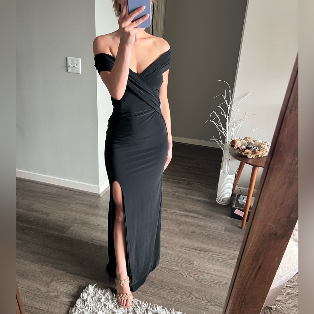 Club L London Off the Shoulder Black Satin Dress